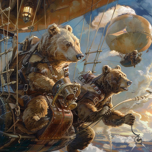 Bears piloting airships in a steampunk world