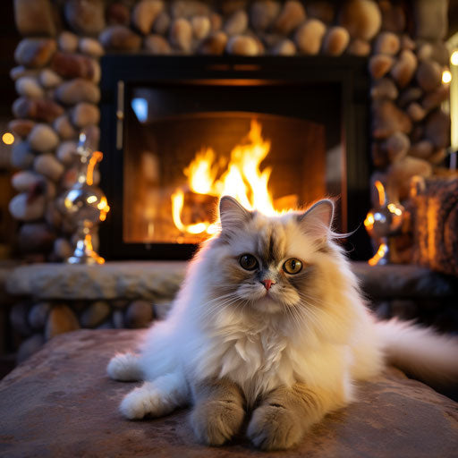 Himalayan cat in front of a fire in a fireplace