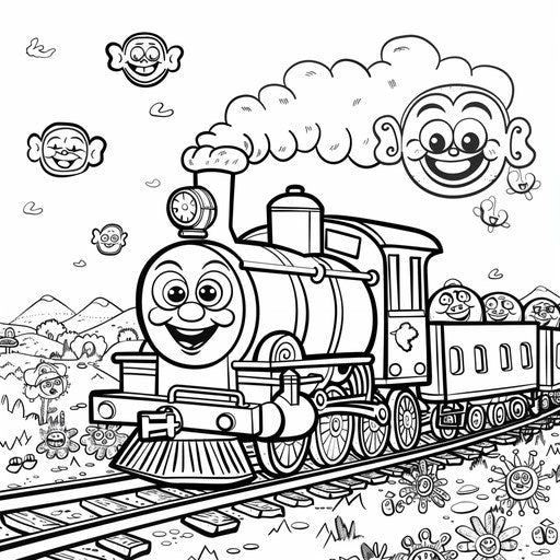 Whimsical train with happy faces on the cars