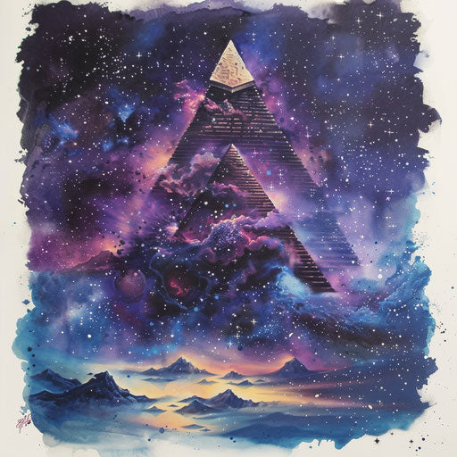 Cosmic tattoo sketch of a pyramid floating in space