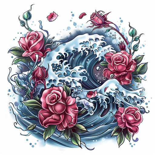 Traditional Cancer zodiac tattoo with roses and waves on white canvas