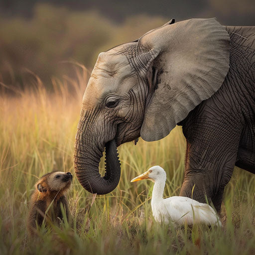A rare view of an elephant's gentle interaction with other wildlife, showcasing its kind nature.