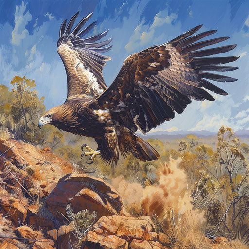 Eagle landing on rock, swirling dust under midday sun