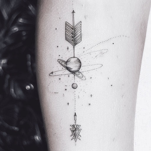 Cosmic arrow tattoo, adorned with stars and planets on white