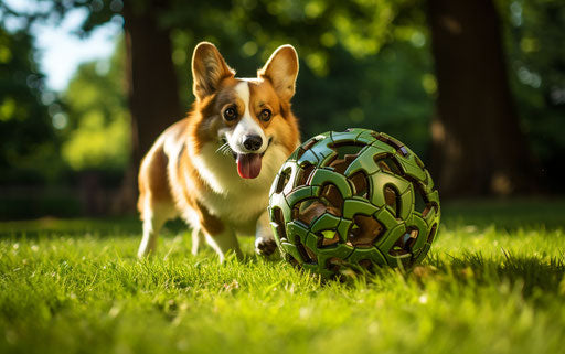 Dog walking in the grass with a ball in its mouth
