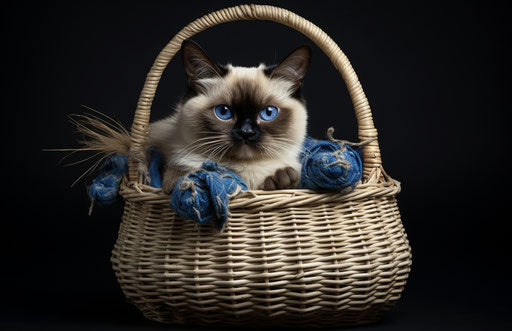 Siamese cat in basket with straw, authentic style