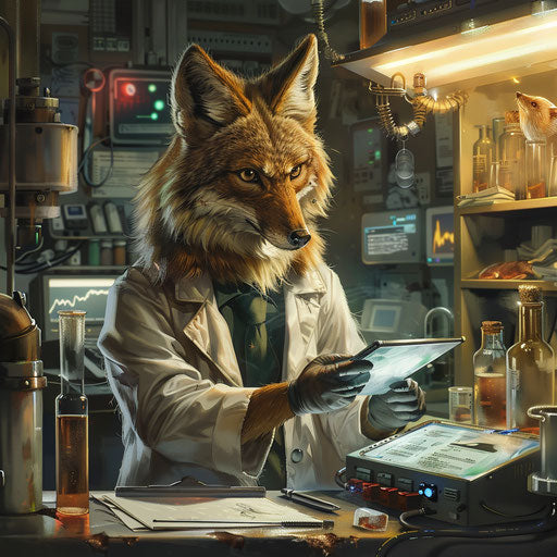 A coyote scientist in a high-tech laboratory