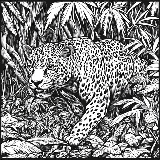 Jaguar sneaking through thick jungle, coloring book page