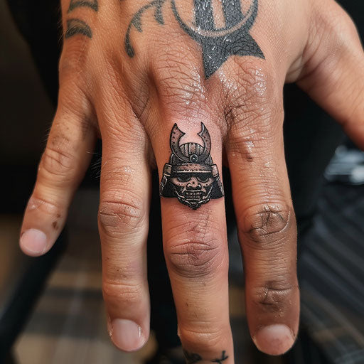 Ring tattoo of a tiny samurai helmet, Adrian Smith style