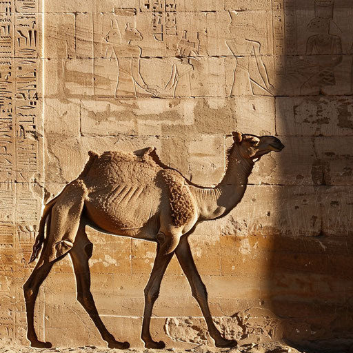 Camel's shadow on ancient desert hieroglyphs