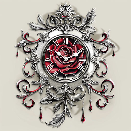 Tattoo with rose and clock, junko mizuno, kilian eng style, embossed paper