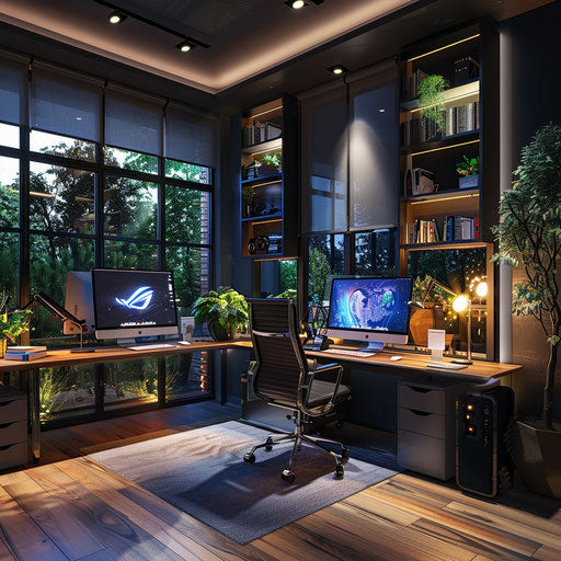 Tech-savvy home office with latest gadgets and adjustable lighting