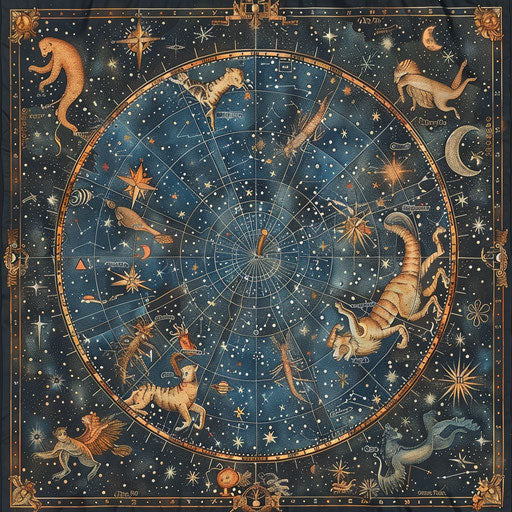 Celestial map with constellations and zodiac signs
