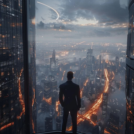 Businessman overlooking a metropolis from a skyscraper