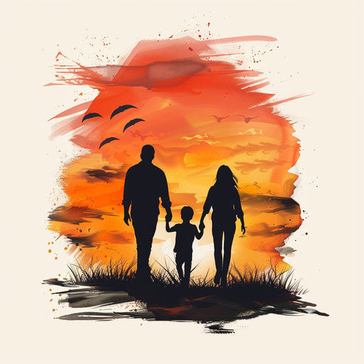 Flat tattoo sketch clipart of a family walking hand in hand, warm tones sunset background