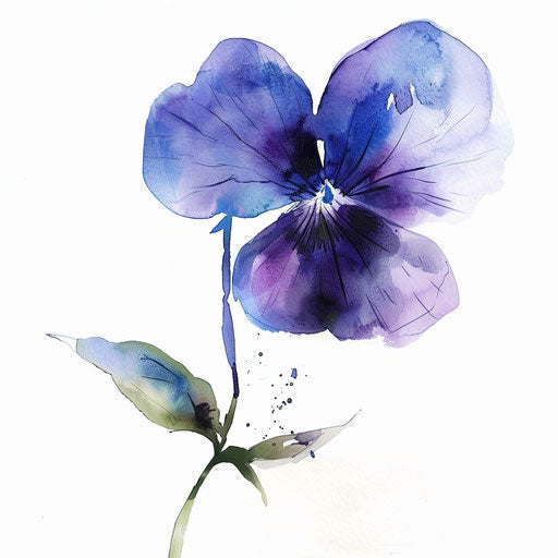 Delicate watercolor painting of a violet flower tattoo design on pure white background