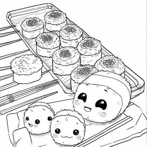Delightful sushi rolls, in the style of Mamoru Hosoda, Coloring book page