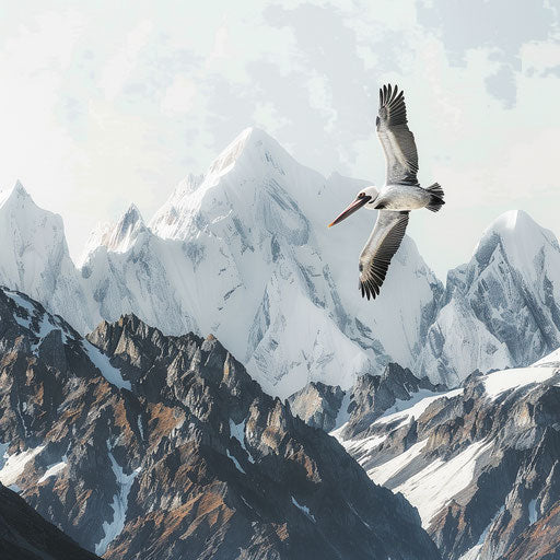 Pelican flying over snowy mountains in the style of Vincent Munier