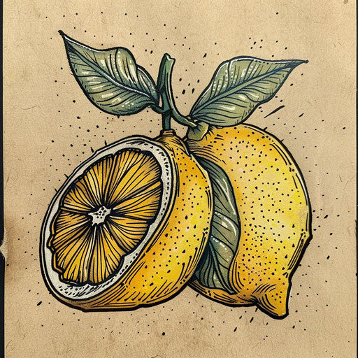 Rustic flat tattoo sketch of a lemon with a traditional woodcut look