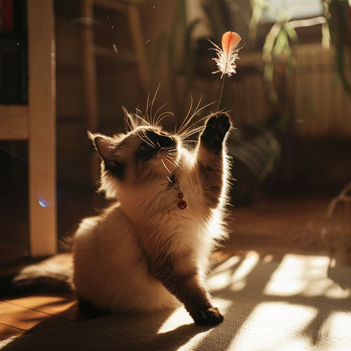 Himalayan cat playing with a feather toy in a sunlit room