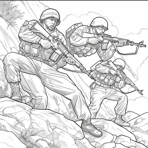 Heroic soldiers in dramatic poses, Mike Zeck style, Coloring page