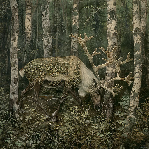 Woodland caribou blending into forest surroundings