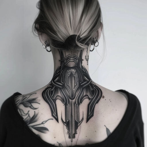Neck tattoos for women in J.P. Targete's futuristic style