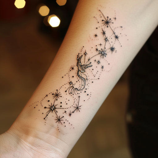Flat tattoo sketch of the Aquarius constellation with dynamic, sparkling stars and cosmic dust