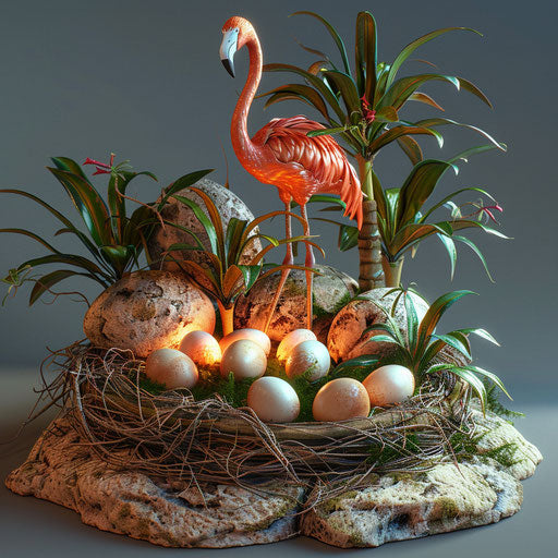 Warm image of a flamingo nest with eggs about to hatch
