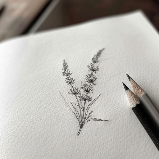 Botanical sketch of a small lavender bouquet tattoo, in fine lines on white paper.