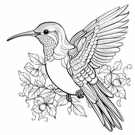 Detailed humming bird art for kids coloring picture, modernist lines, natural