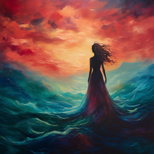 Woman silhouette with long hair on a mountain top