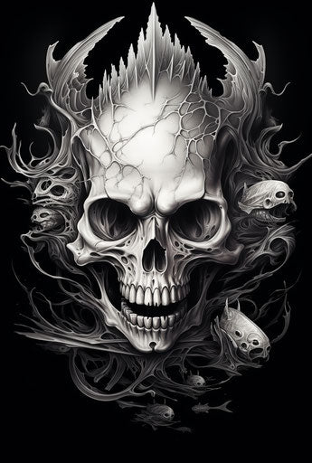 Skull with wings and fish, sgraffito style, carving 51:76