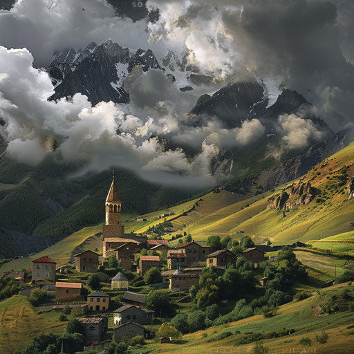 Svaneti with ancient villages, dramatic clouds