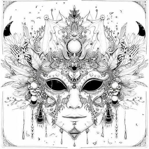 Magical fantasy mask with enchanting elements, coloring book page
