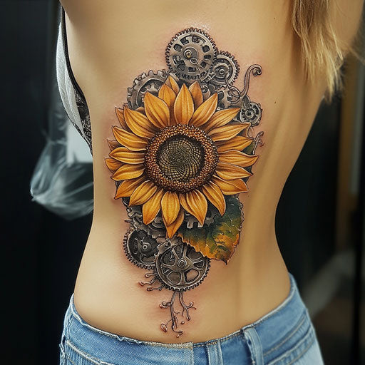 Small sunflower tattoo with mechanical gears