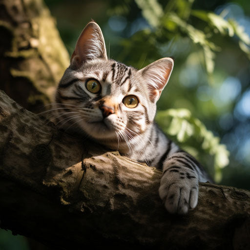 American shorthair cat lying on a tree branch