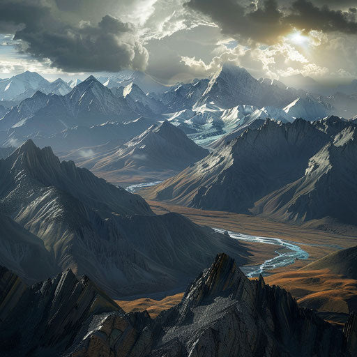 The Kunlun Mountains with dramatic lighting and shadows