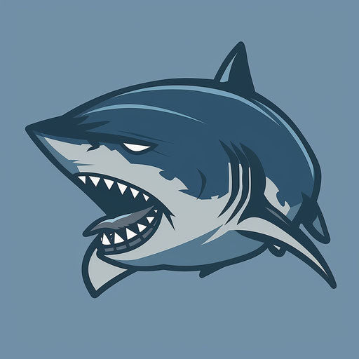 Aggressive shark sports logo in navy blue and gray, on light blue background