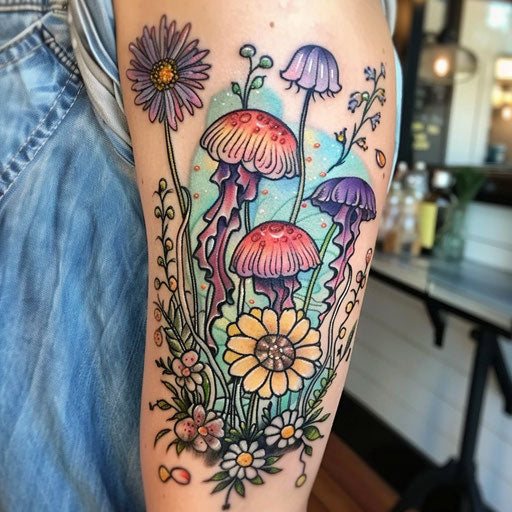 Wildflower tattoo with jellyfish, oceanic colors, flowing design, ethereal