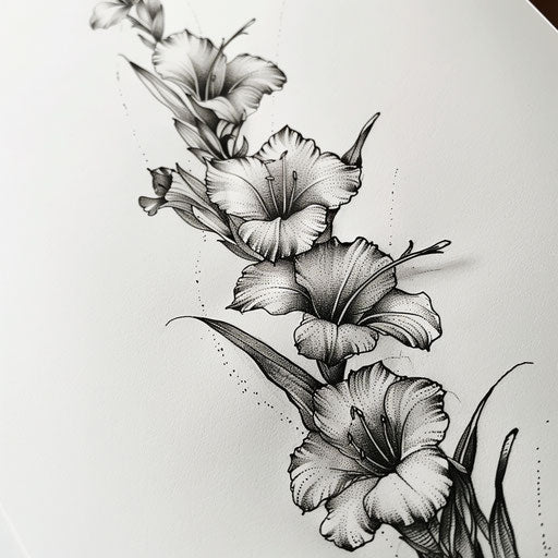 Hand-poked gladiolus tattoo design with subtle dot work