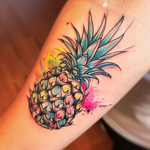 Watercolor pineapple tattoo with pink, blue, and yellow splash