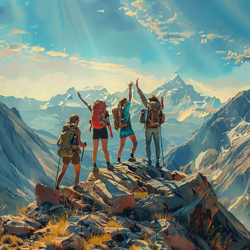 Hikers celebrating at the summit of a rocky mountain