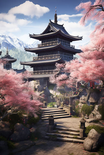 Oriental gardens in realistic art with CryEngine, mountainous vistas