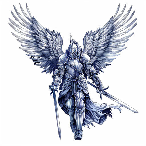 Guardian angel in battle armor with a sword, tattoo illustration on white background