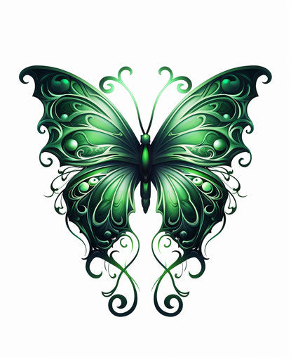 Transparent butterfly tattoo, dark green and violet style
