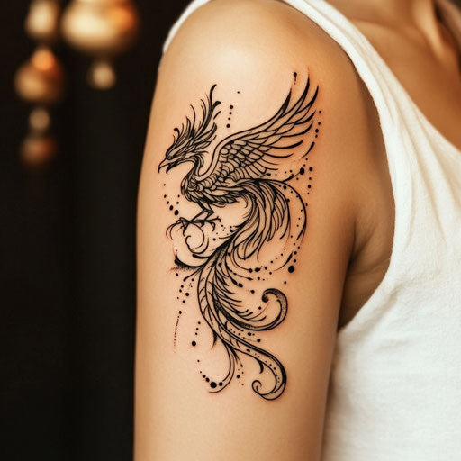 Upper arm tattoo sketch tribal phoenix design on white