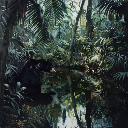 A sun bear's peaceful pause near a jungle pond