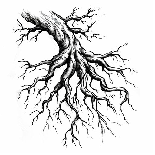 Bold flat tattoo sketch of a thick root with rugged, textured details