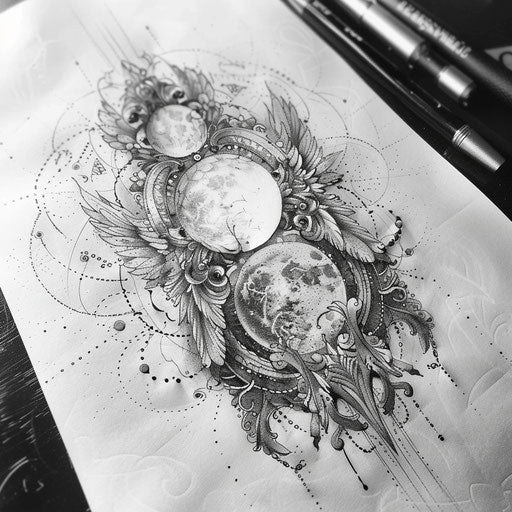 Celestial lace tattoo sketch with angelic wings and bodies